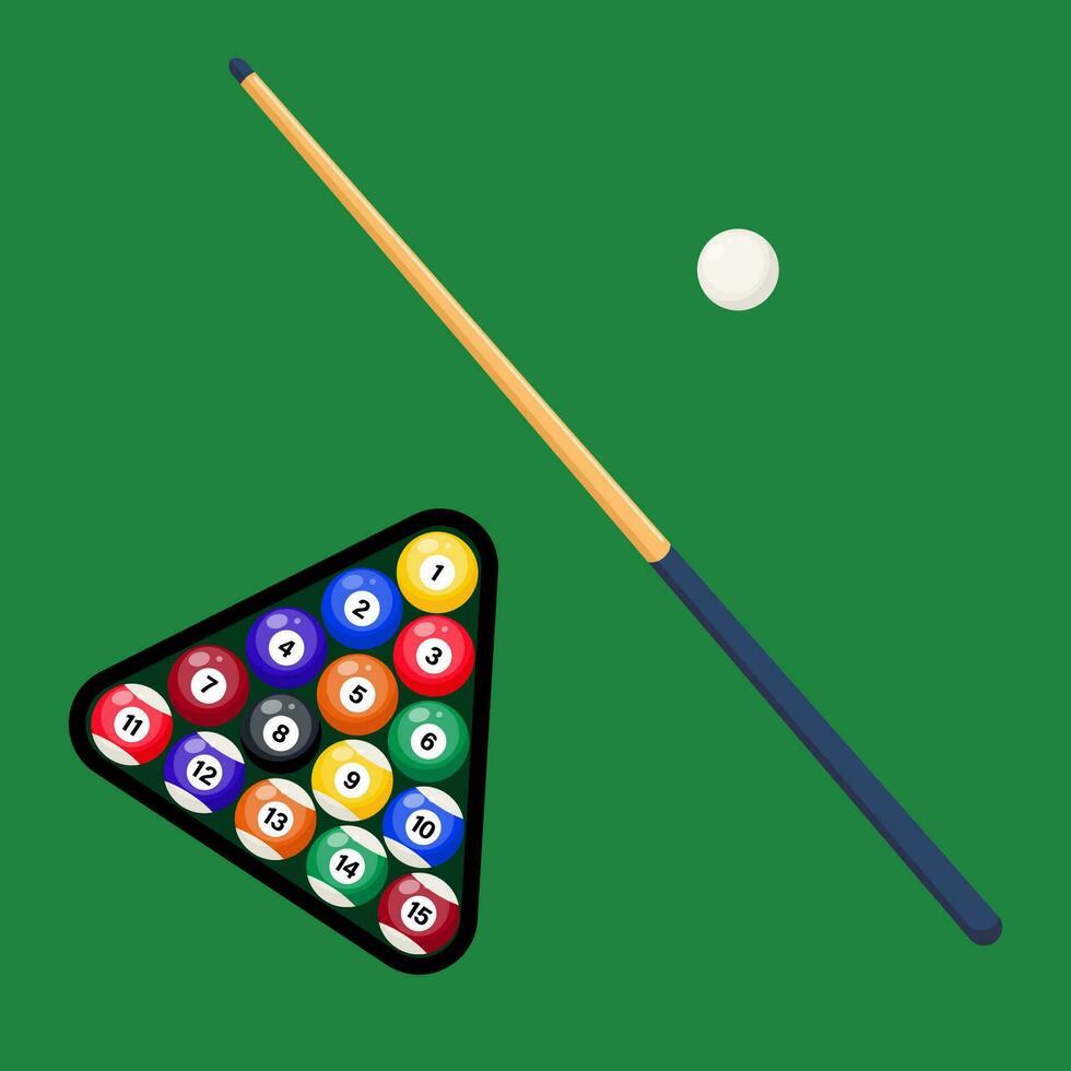 Billiard cue and pool balls in triangle on green table. Billiard balls