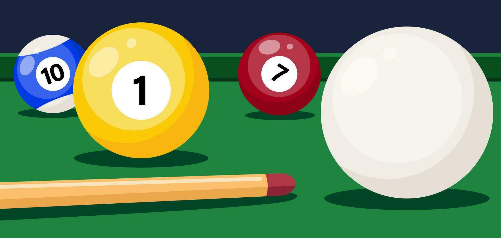 Billiard table with cue hit gaming ball. Billiard room. Billiard balls close up. Snooker or pool sport play, banner template. Vector illustration.