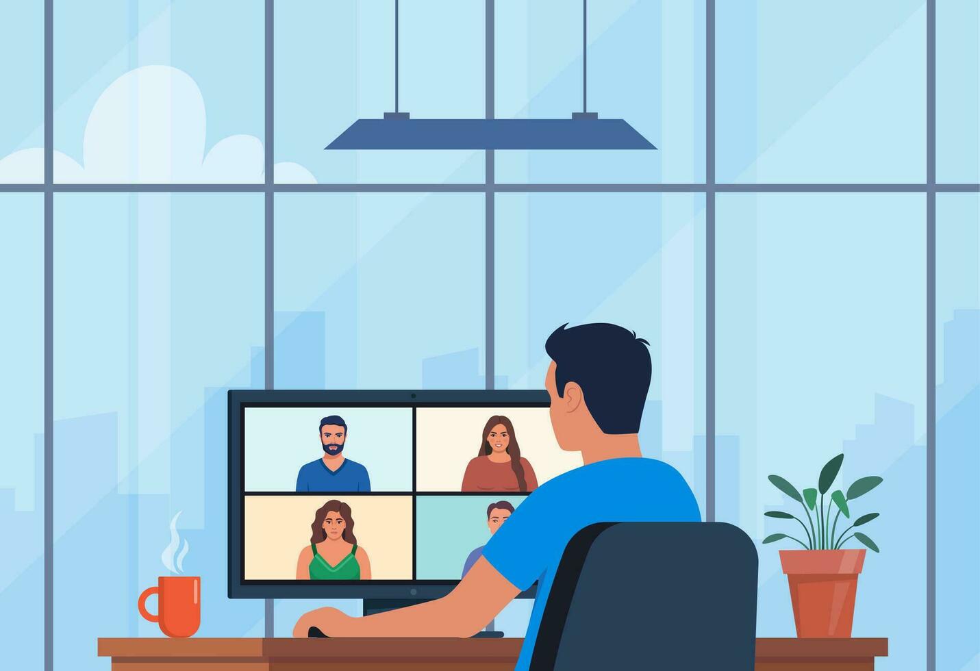 Worker using computer for collective virtual meeting, group video conference. Man chatting online. Workplace with modern interior, panoramic windows, cityscape behind. Vector illustration.