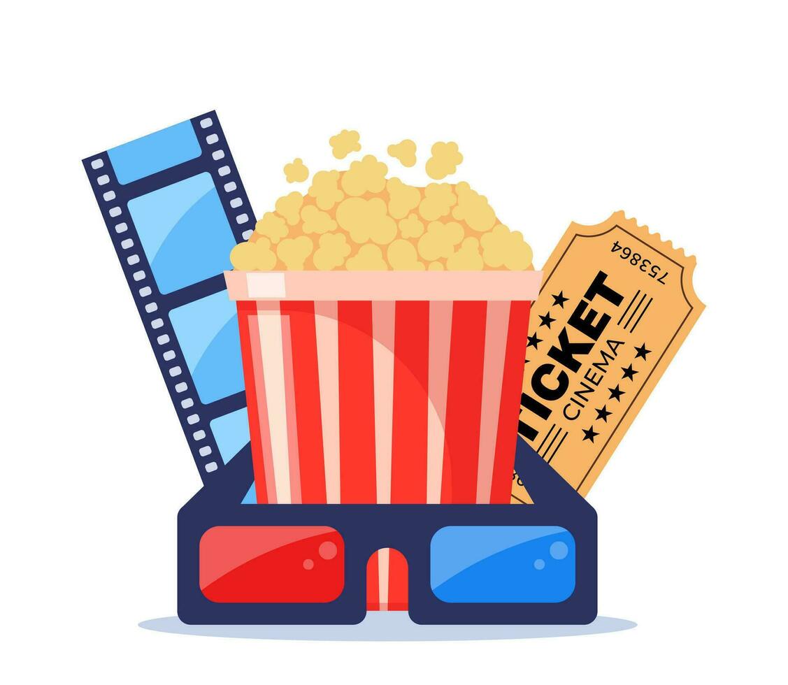 Movie time. Composition with popcorn, clapperboard, 3d glasses and filmstrip. Cinema poster, banner design for movie theater. Vector illustration.