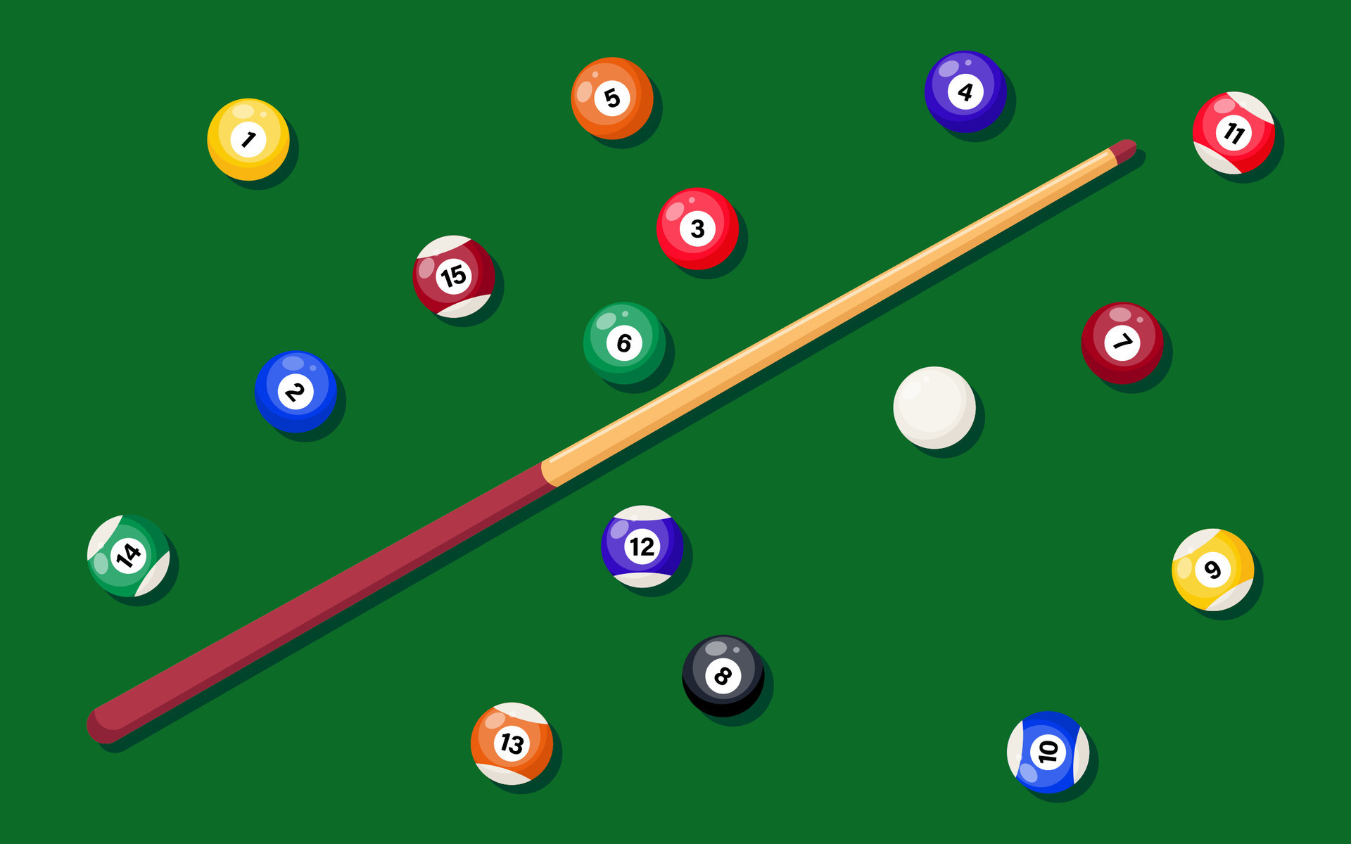 Billiard cue and pool balls on green table. Billiard balls and pool stick for game on green
