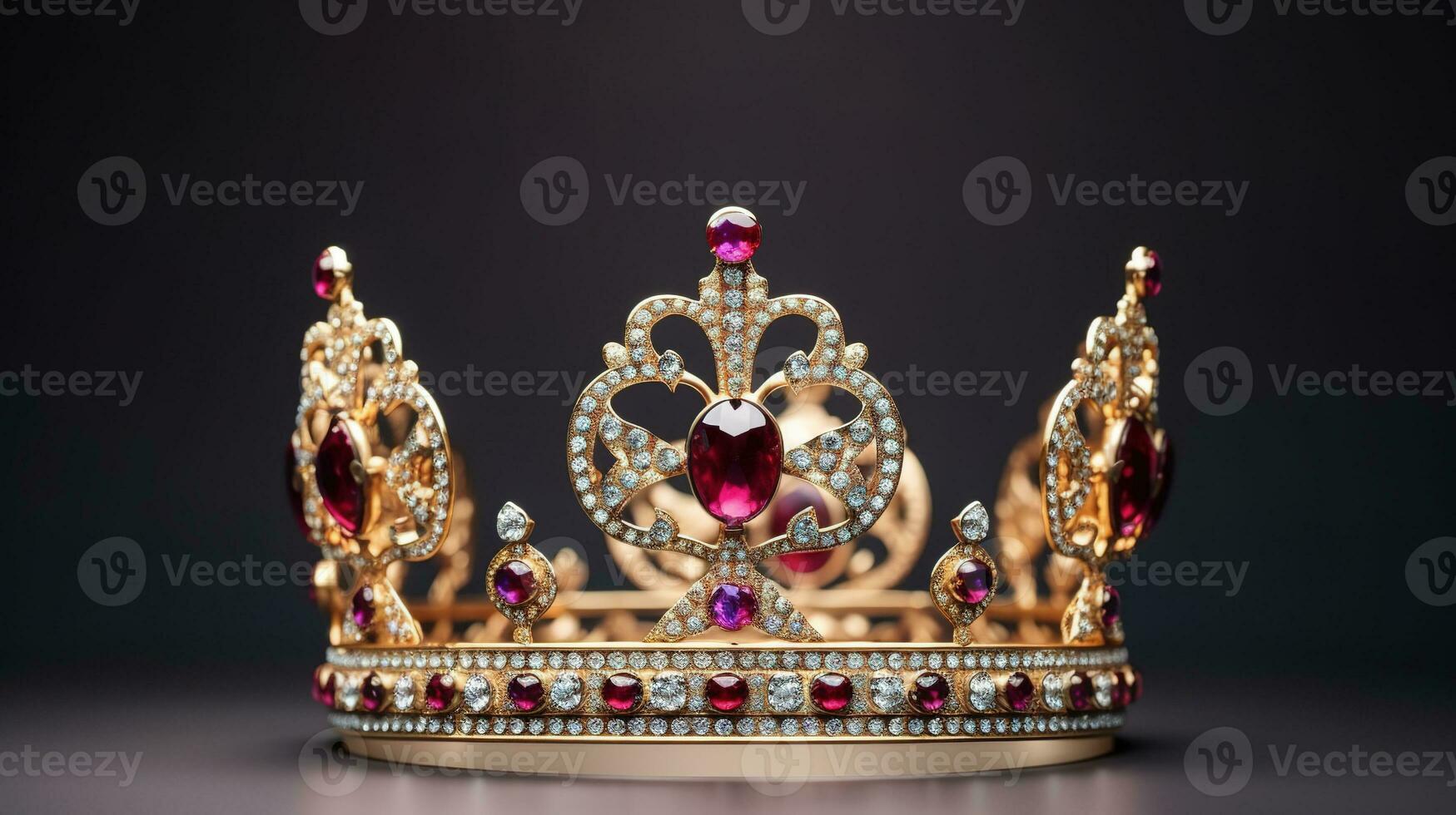 detallado reina corona hecho de oro aislado en el llanura fondo, decorado con precioso joyas foto