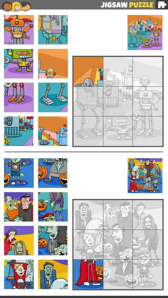 jigsaw puzzle activities set with funny fantasy characters vector