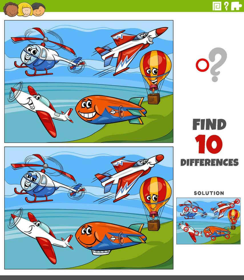 differences activity with cartoon flying vehicles characters vector