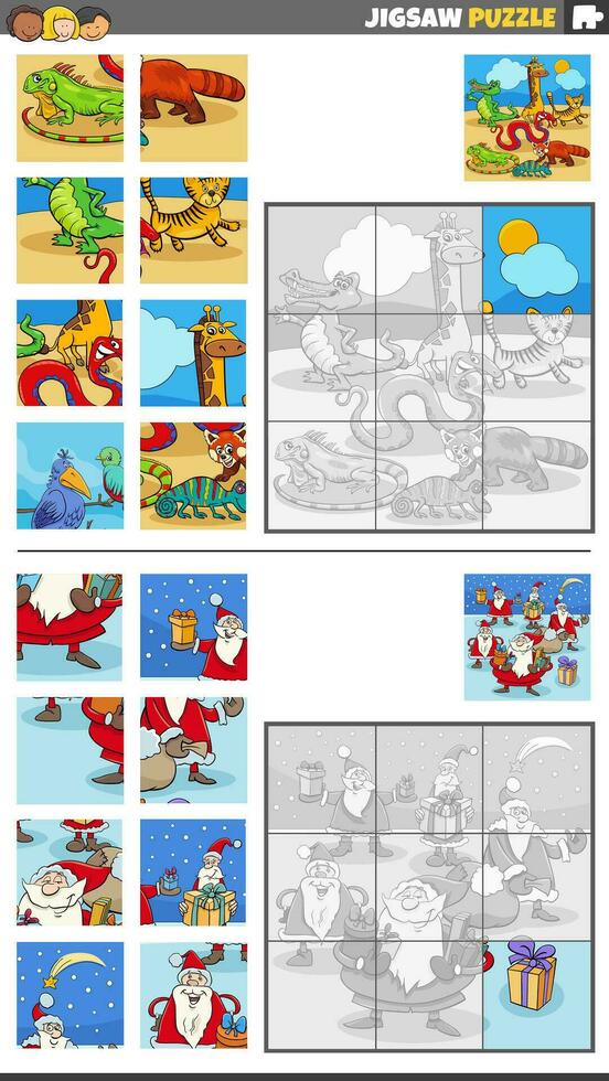 jigsaw puzzle games set with Christmas characters and animals vector