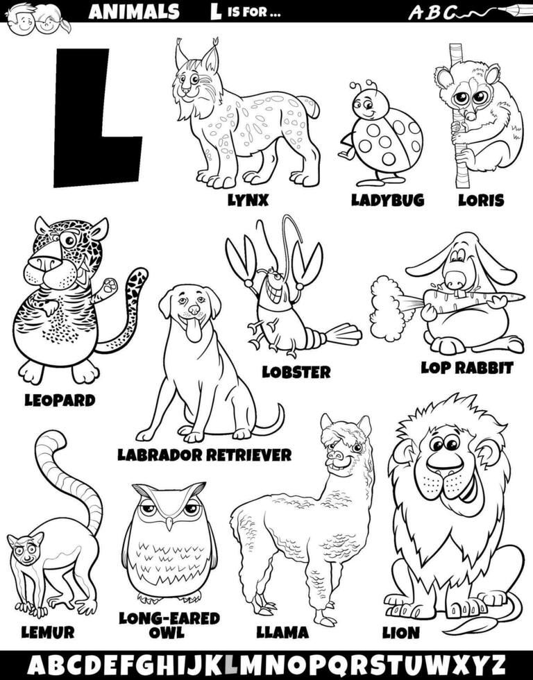 dibujos animados animal caracteres para letra l conjunto colorante página vector