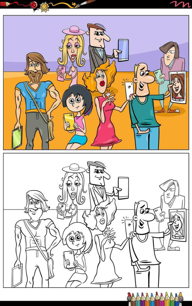 cartoon people group with smart phones coloring page vector