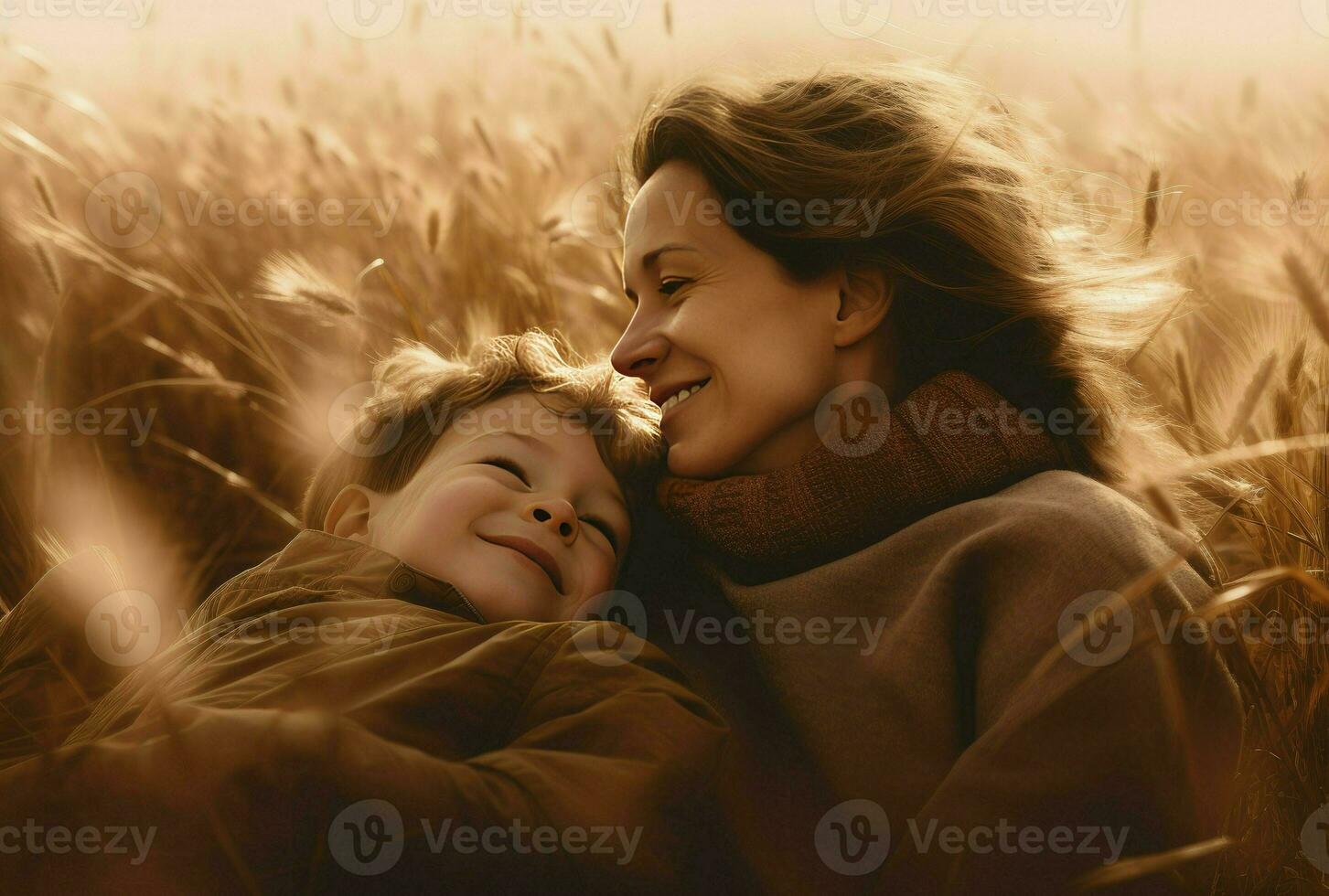 Portrait of happy mother and her boy. Beautiful touching scene of mom and son admires each other and sincerely smiles. Blooming garden in spring. Family, kiss, childhood concept, AI Generated photo