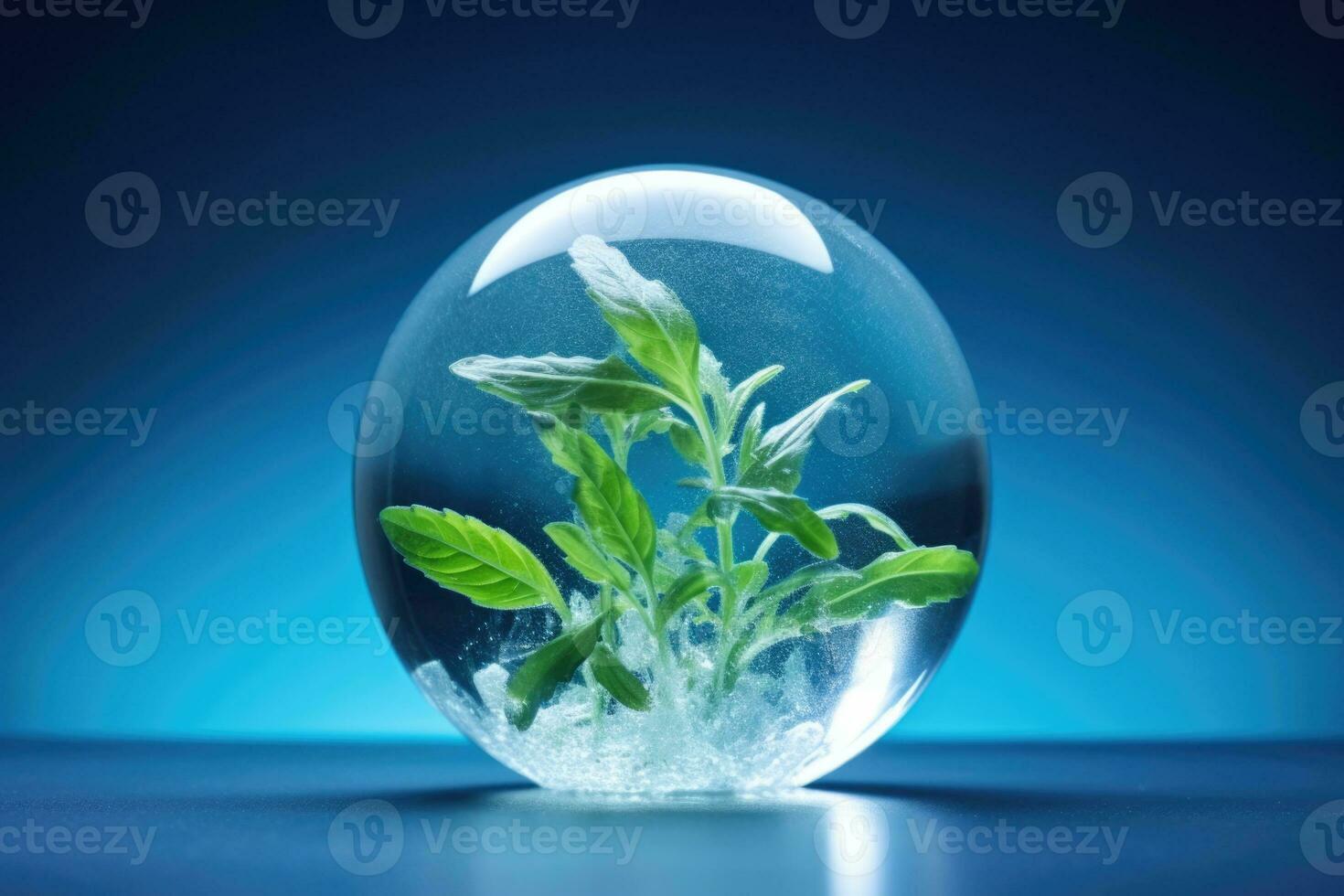 Flash frozen herb encapsulated in ice sphere isolated on a blue gradient background photo