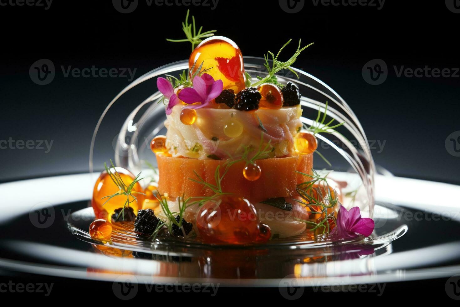 Artistic molecular gastronomy dish beautifully plated background with empty space for text photo