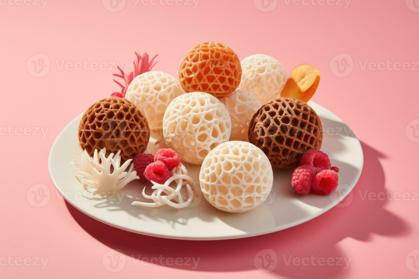 3D printed edible shapes enhancing a dish isolated on a gradient background photo