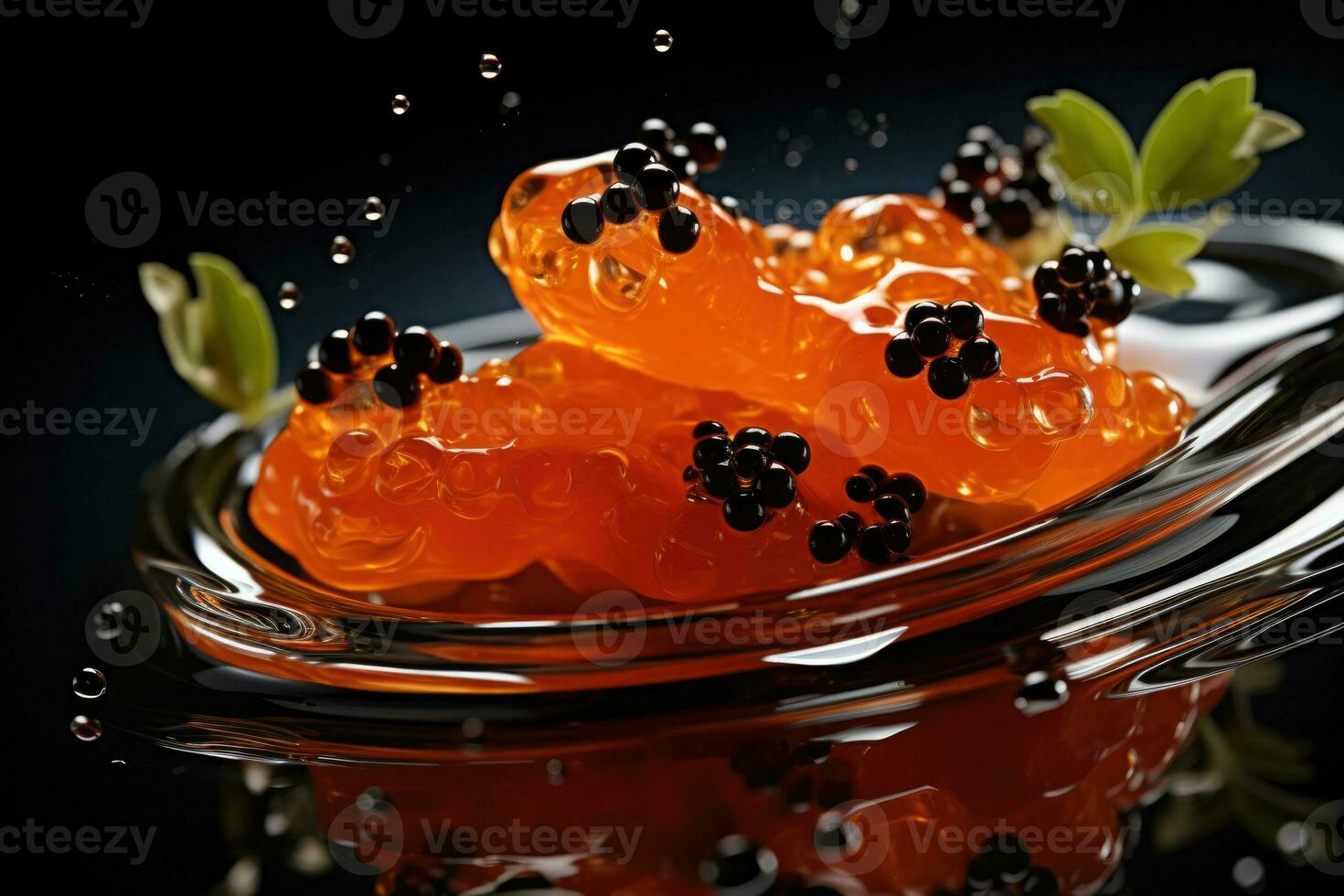 Artistic detail of molecular caviar in upscale cuisine isolated on a gradient background photo