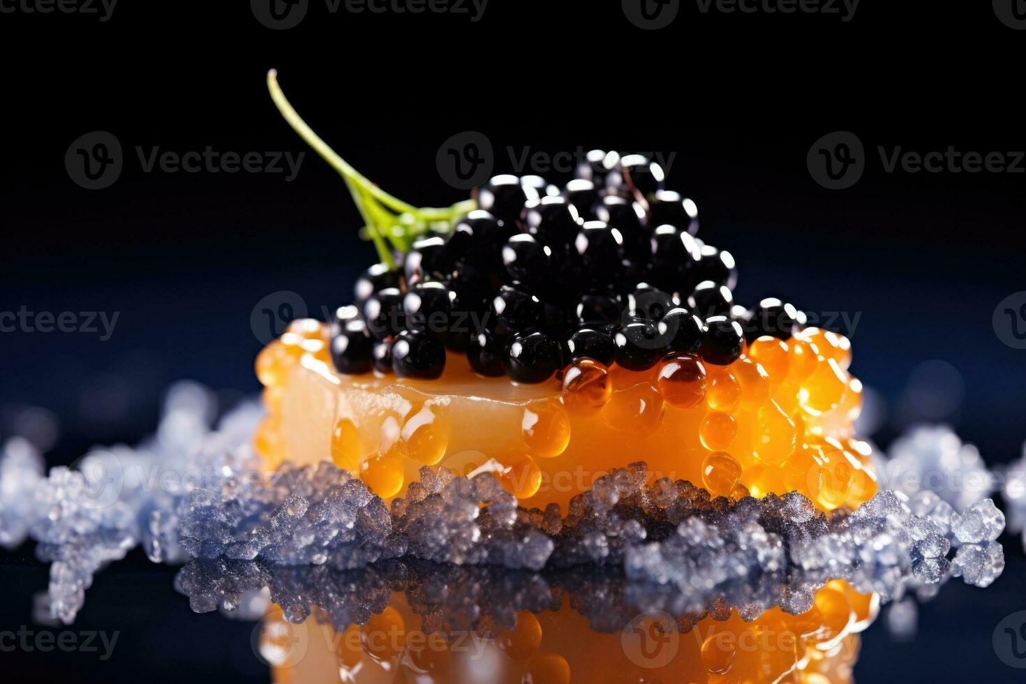 Artistic detail of molecular caviar in upscale cuisine isolated on a gradient background photo