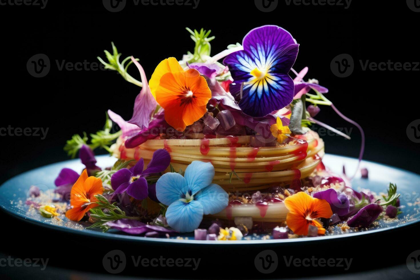 Exotic edible flower garnishes enhancing dish beauty background with empty space for text photo