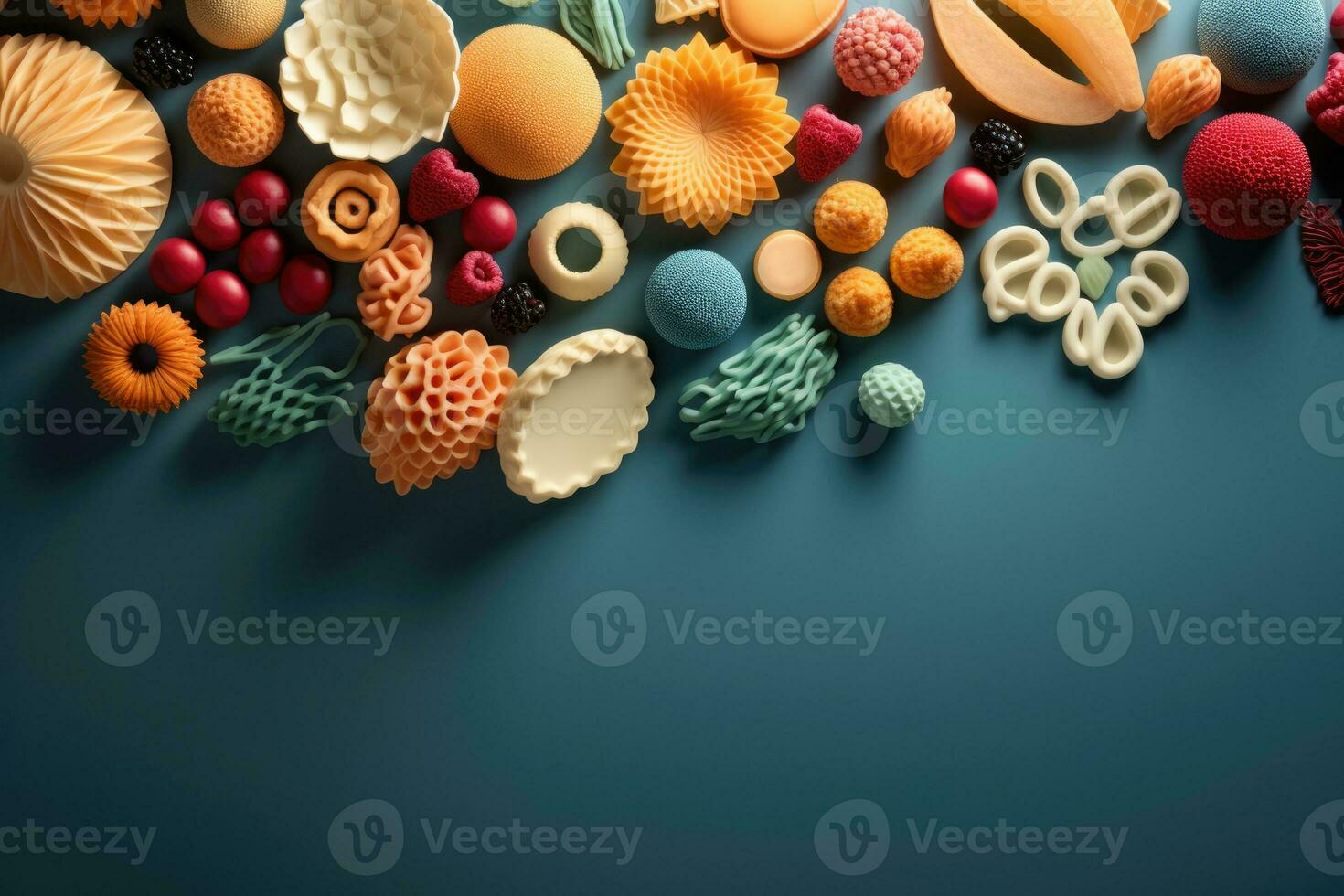 3D printed food in innovative shapes background with empty space for text photo