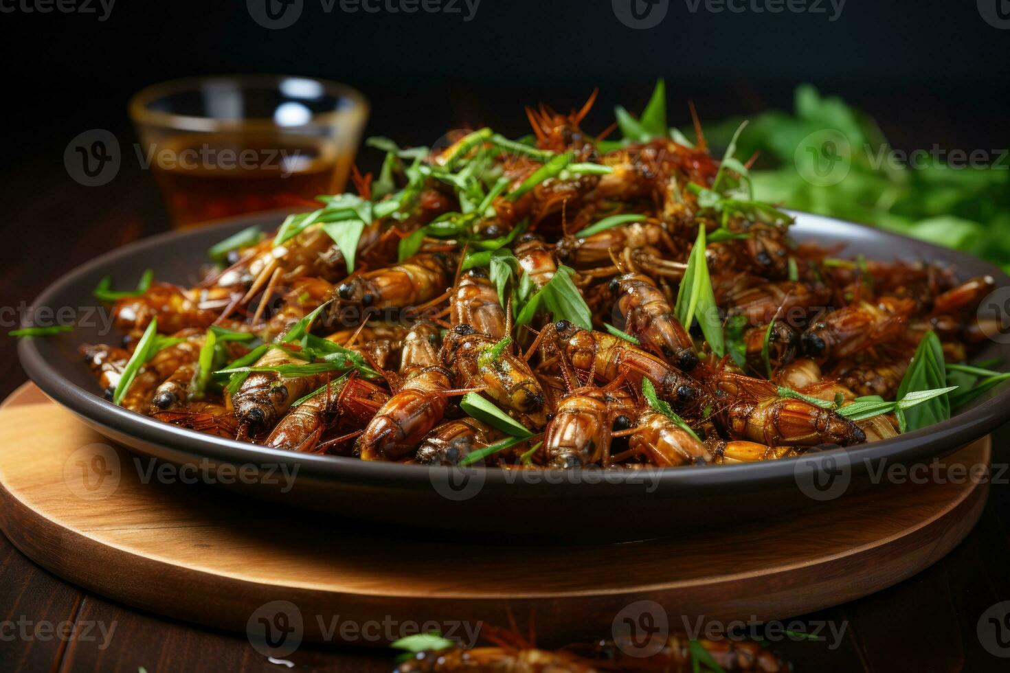 Exquisite edible insect dish presentation background with empty space for text photo