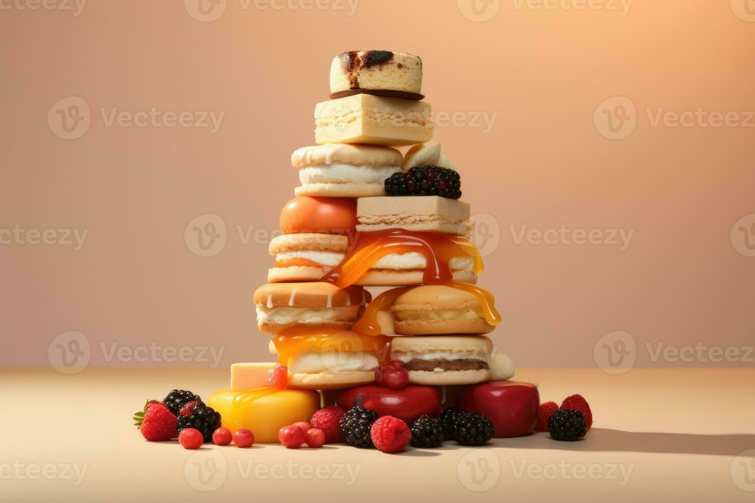 Deconstructed pastry dessert structure isolated on a pastel gradient background photo
