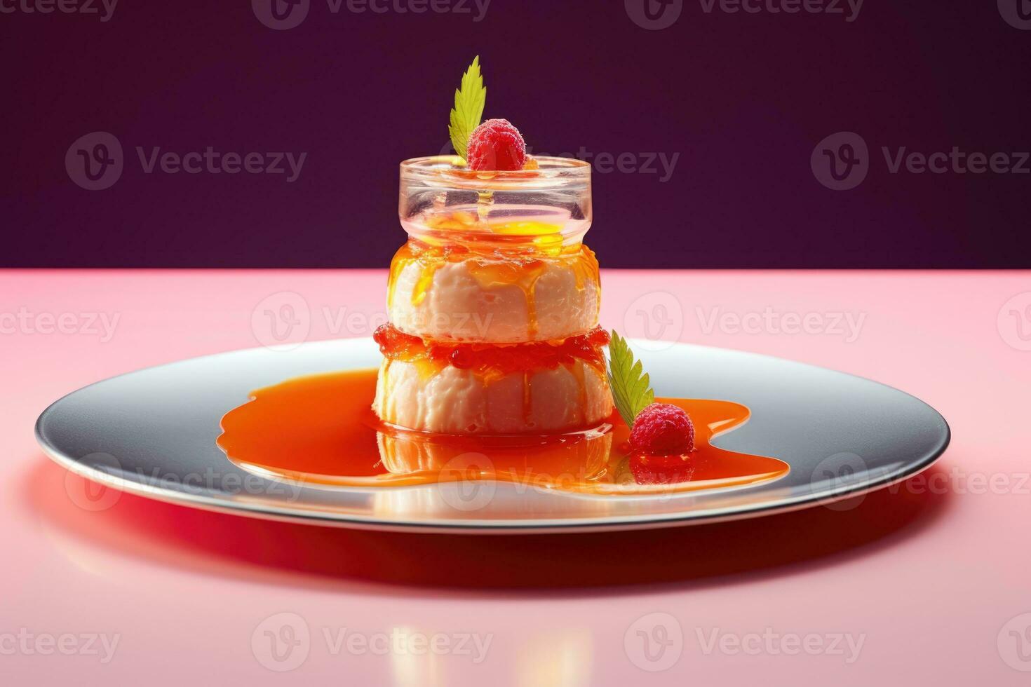 Molecular gastronomy dish artistically plated isolated on a vibrant gradient background photo