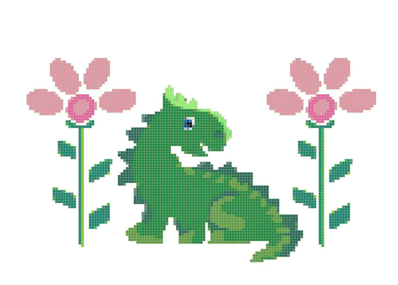 Cross-stitch pixel art dragon green vector set.