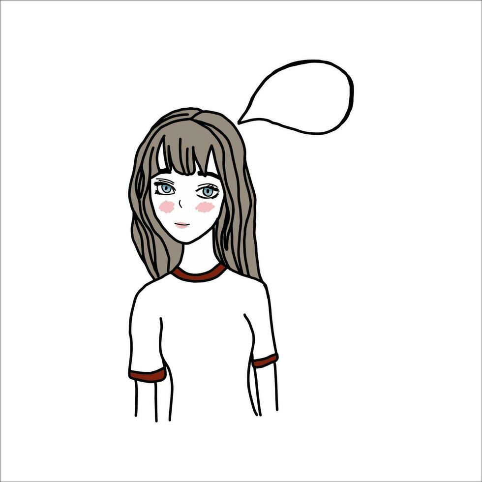 anime estilo niña con un pensamiento nube. vector ilustración