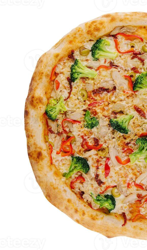 Fresh italian pizza with chicken fillet, mushrooms,broccoli, cheese on white photo