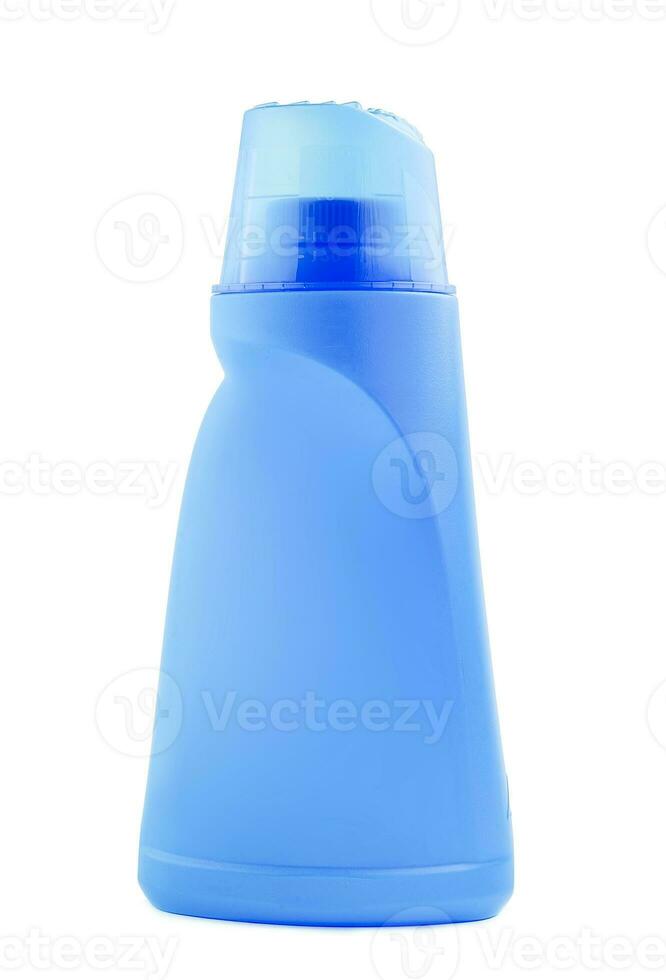 Laundry detergent in blue plastic bottle isolated on white background photo