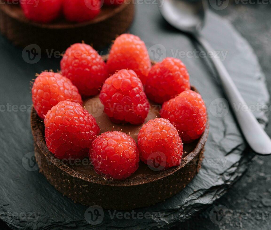 Chocolate cakes with raspberry close up photo