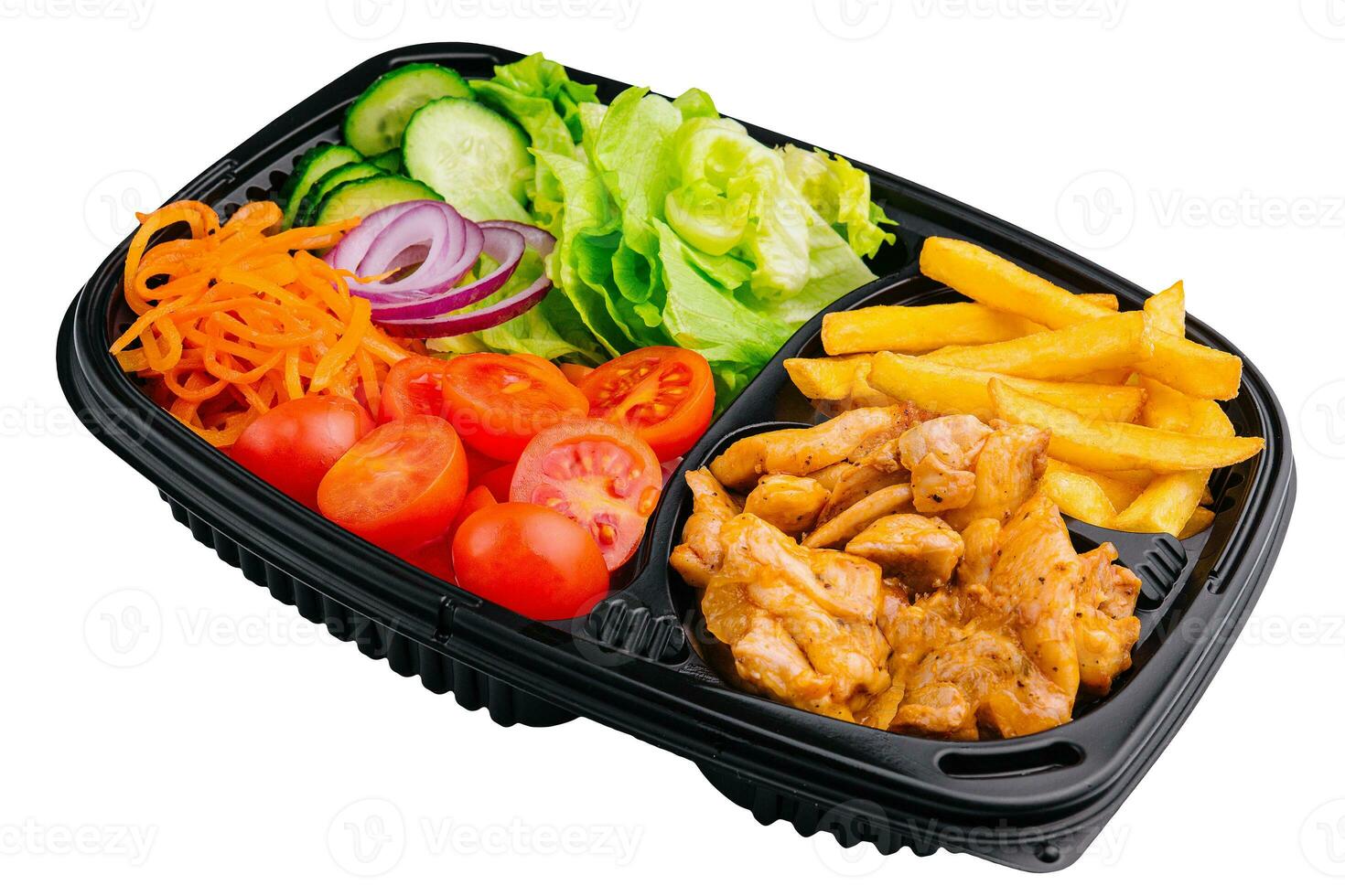 Grilled chicken meat with french fries photo