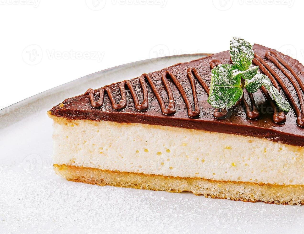 Piece of chocolate cheesecake decorated mint on plate photo