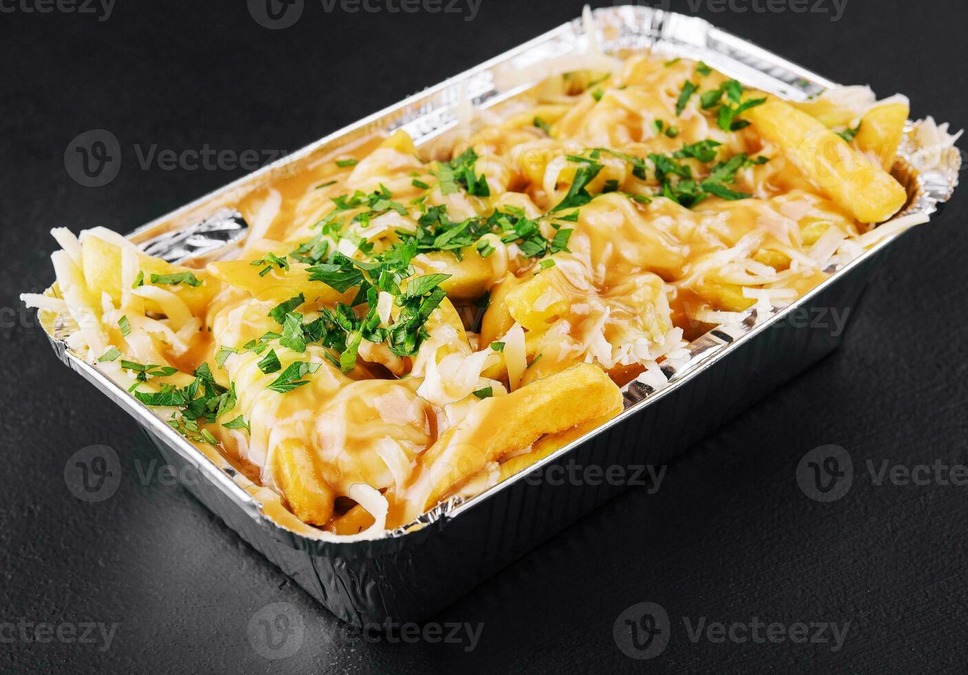 delicious french fries with cheese sauce photo