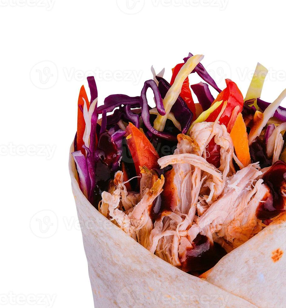 Tasty shawarma sandwich closeup on white background photo