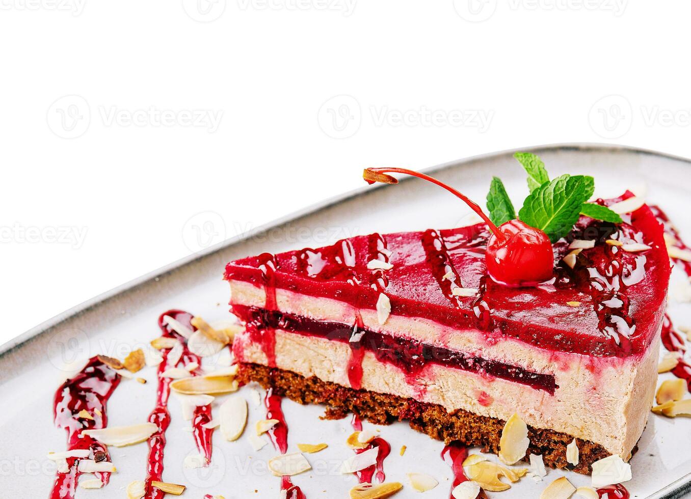 Cherry cheesecake on plate on white background photo