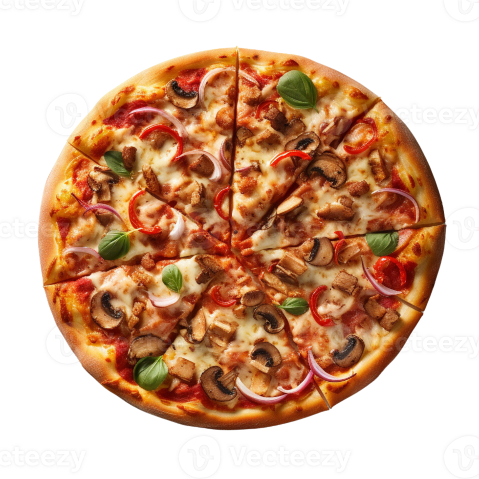 Top view of pizza with cooking ingredients cherry tomatoes, basil and olive oil, Sliced pizza, ai generative png