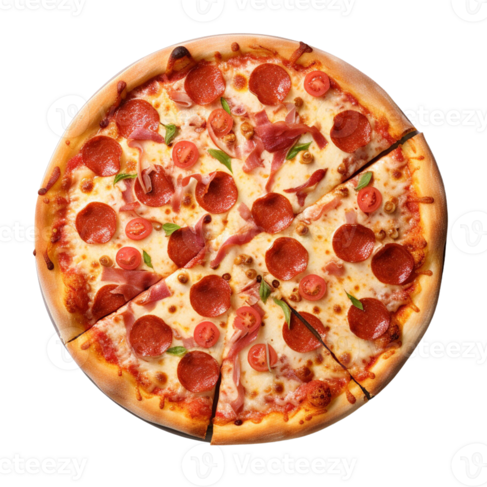 Top view of pizza with cooking ingredients cherry tomatoes, basil and olive oil, Sliced pizza, ai generative png