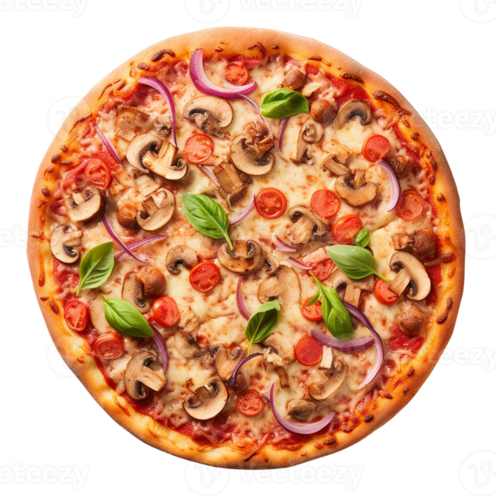 Top view of pizza with cooking ingredients cherry tomatoes, basil and olive oil, Sliced pizza, ai generative png
