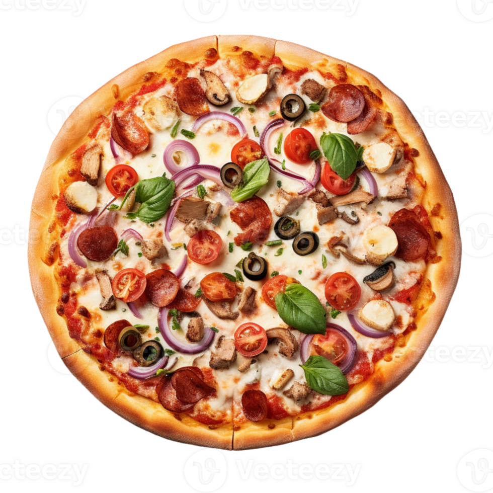 Top view of pizza with cooking ingredients cherry tomatoes, basil and olive oil, Sliced pizza, ai generative png