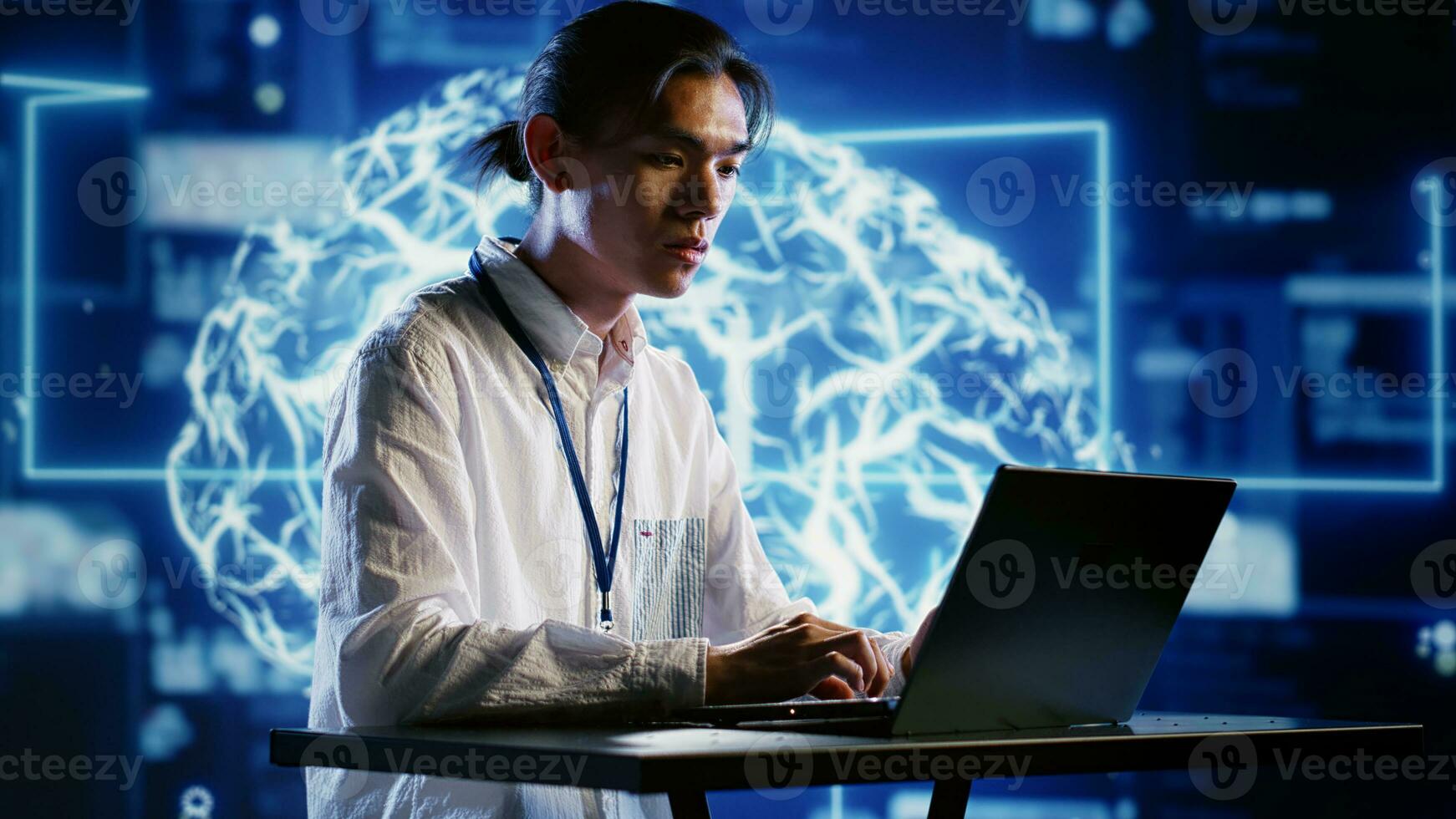Computer scientist developing artificial intelligence neural networks architecture inspired by human brain. Dilligent worker setting up AI machine learning algorithms in high tech startup photo