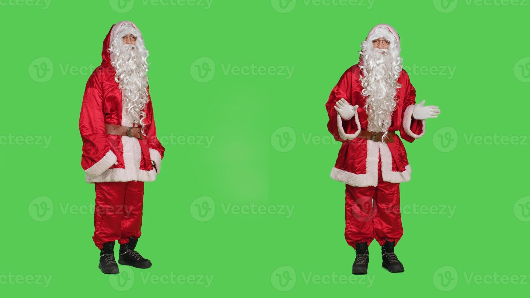 Santa claus create advertisement on camera for christmas eve holiday marketing, greenscreen studio. Saint nick embodiment pointing left and right to show something, winter celebration concept. photo