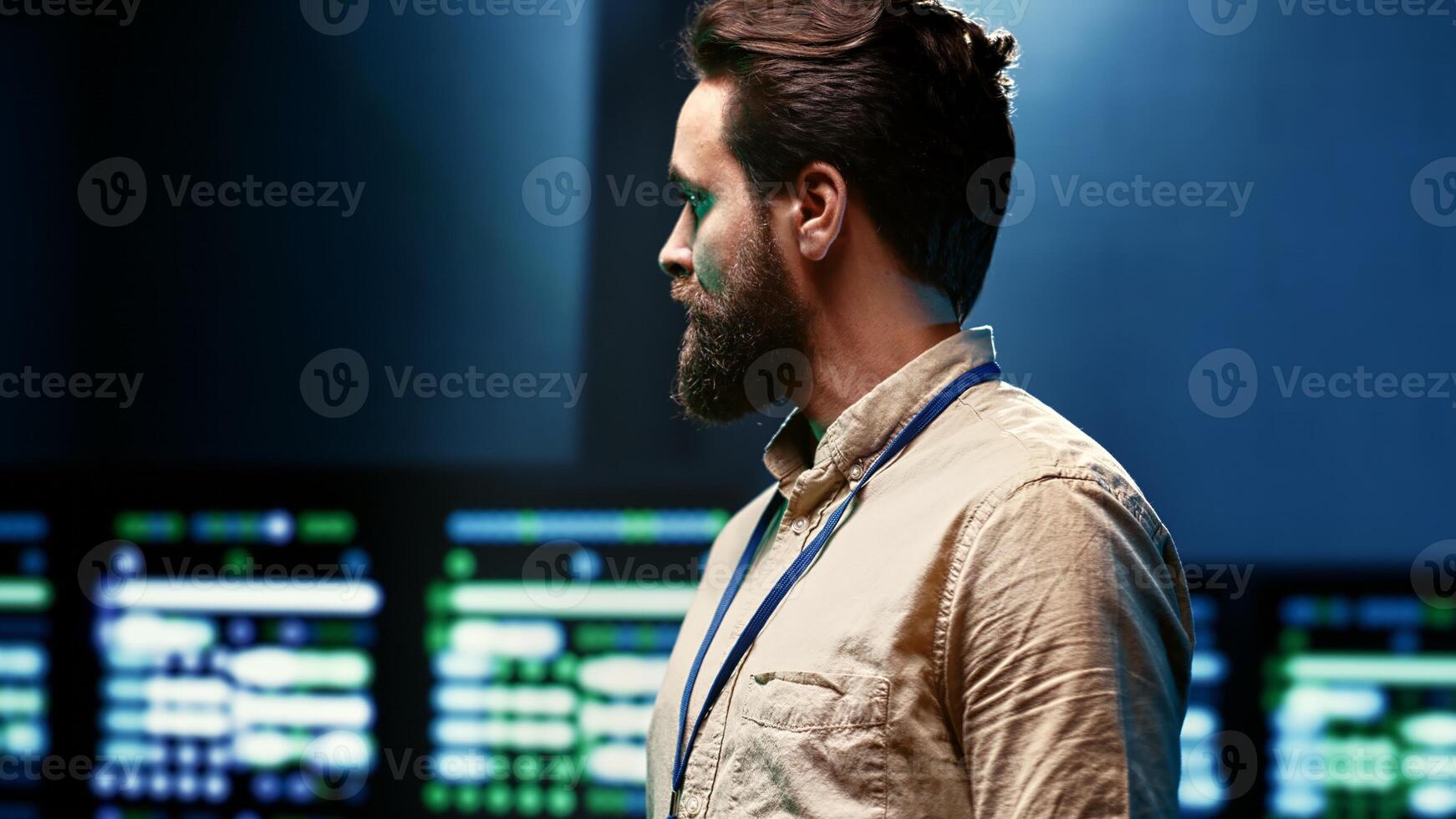 Close up of computer scientist monitoring server hub, optimizing it for data processing requirements of AI workloads. Supervisor overseeing neural network high tech facility used for machine learning photo