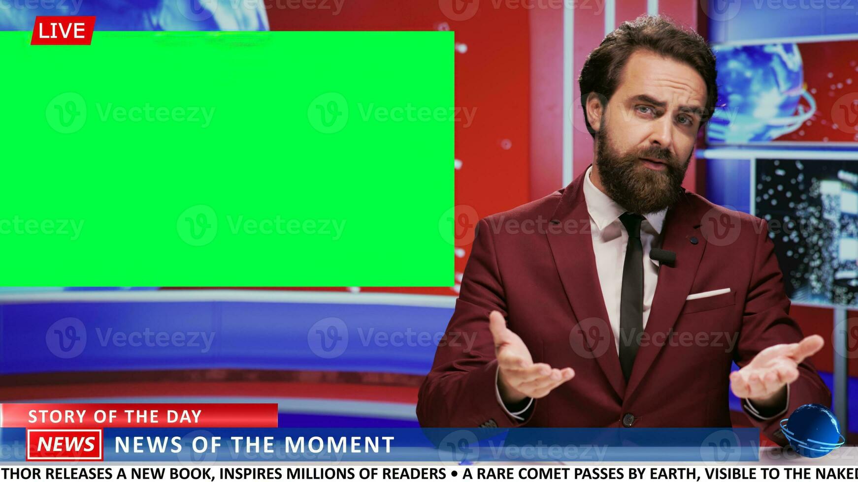 Journalist covers news on greenscreen in newsroom, addressing latest events and presenting daily information live on tv program. Newscaster using isolated copyspace template in studio. photo