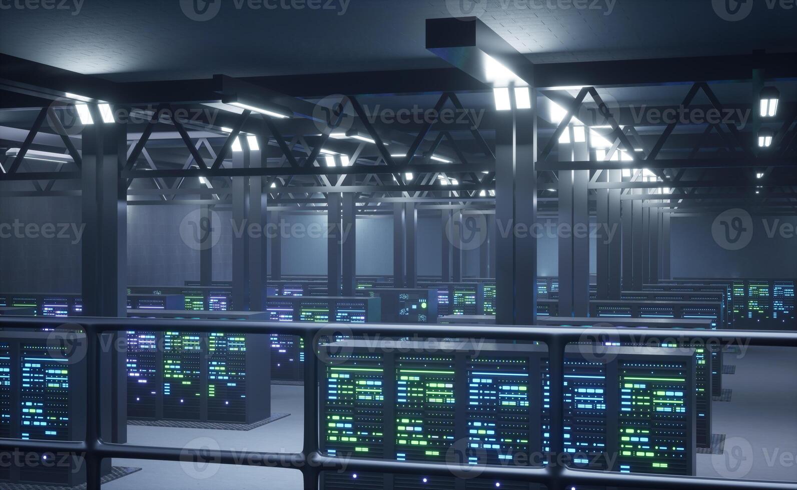 Data center equipment designed to accommodate modular rackmounted blade servers, networking equipment, and storage arrays. Supercomputers tasked with solving complex operations, 3D render animation photo