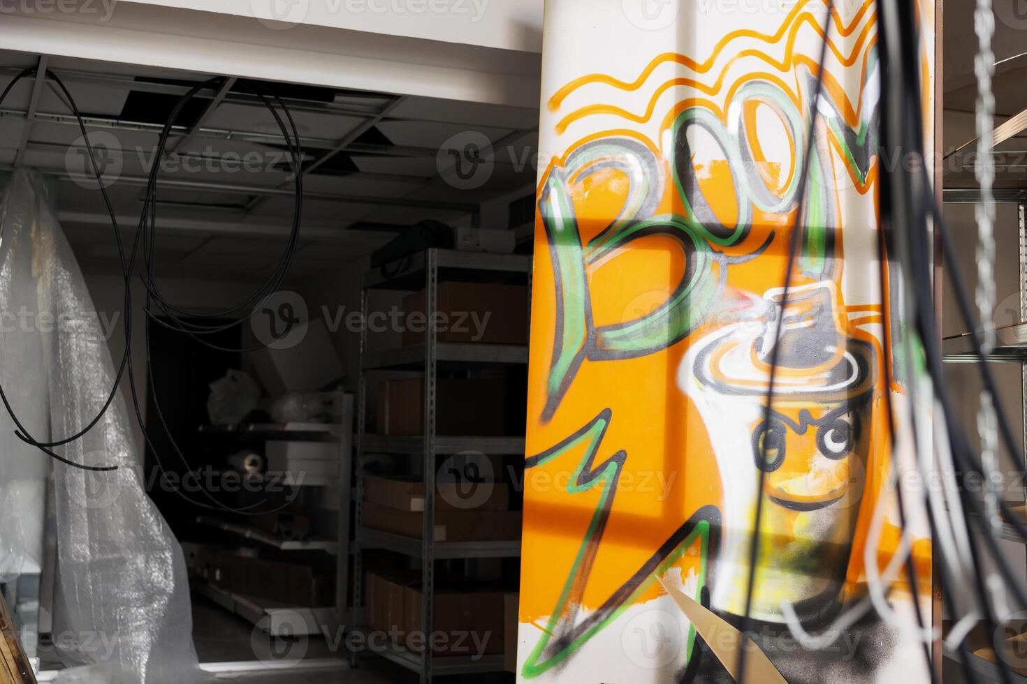 Deserted warehouse with devastating ruin effects, abandoned rusty structure showing walls with spray paint. Empty destroyed urban building looking messy and neglected, dirty space. photo