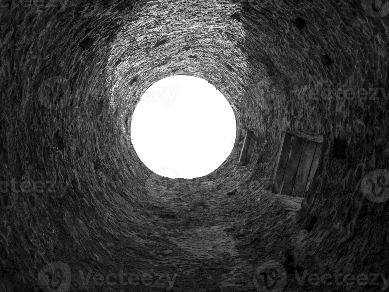 Stone well hole isolated over transparent background png illustration, old construction from inside, brick well walls, fall down in the well concept