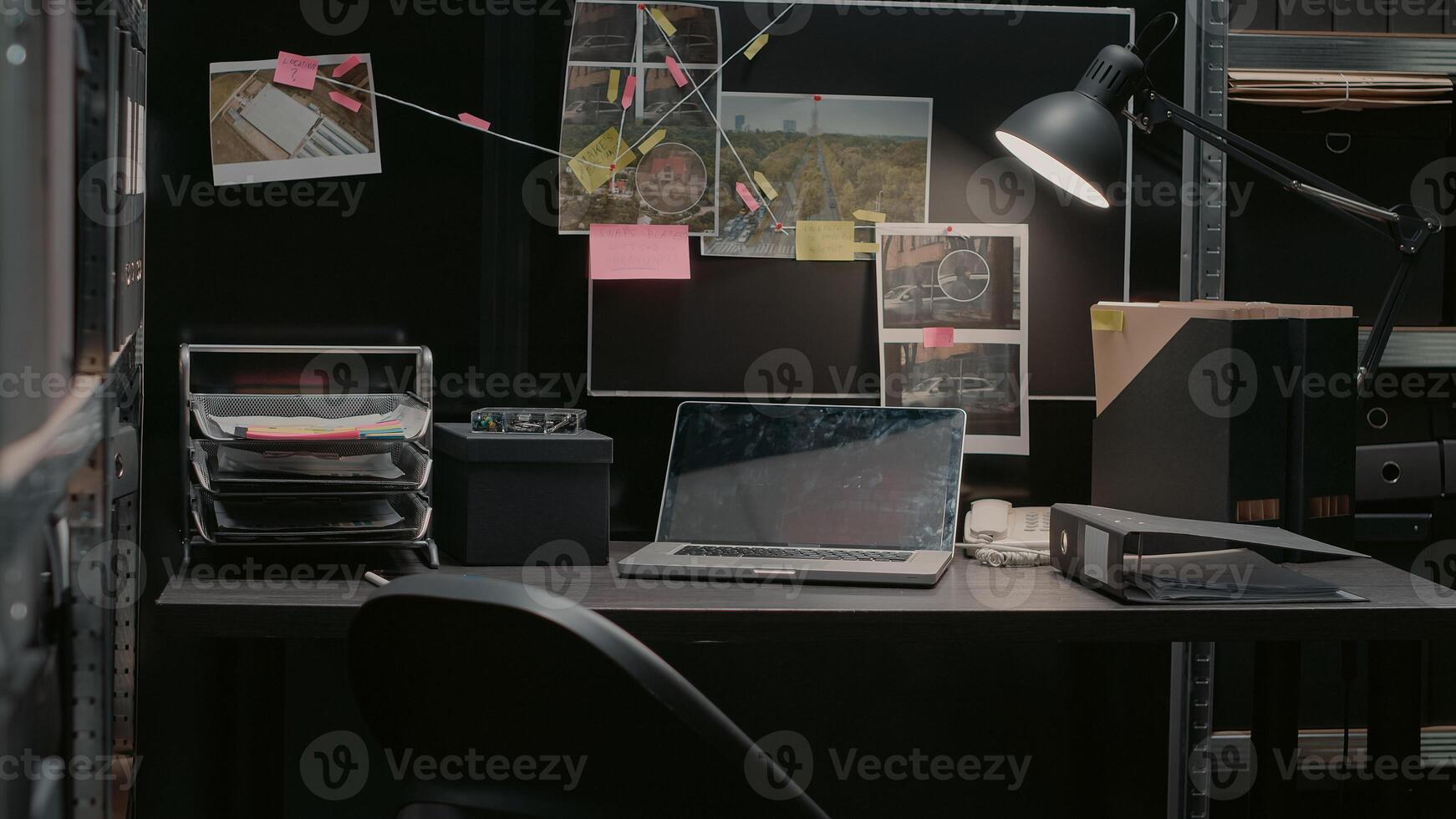 Empty police archive with case files for investigation, board filled with important clues. Suspicious research photos and forensic evidence on walls, gathered information in detective office.