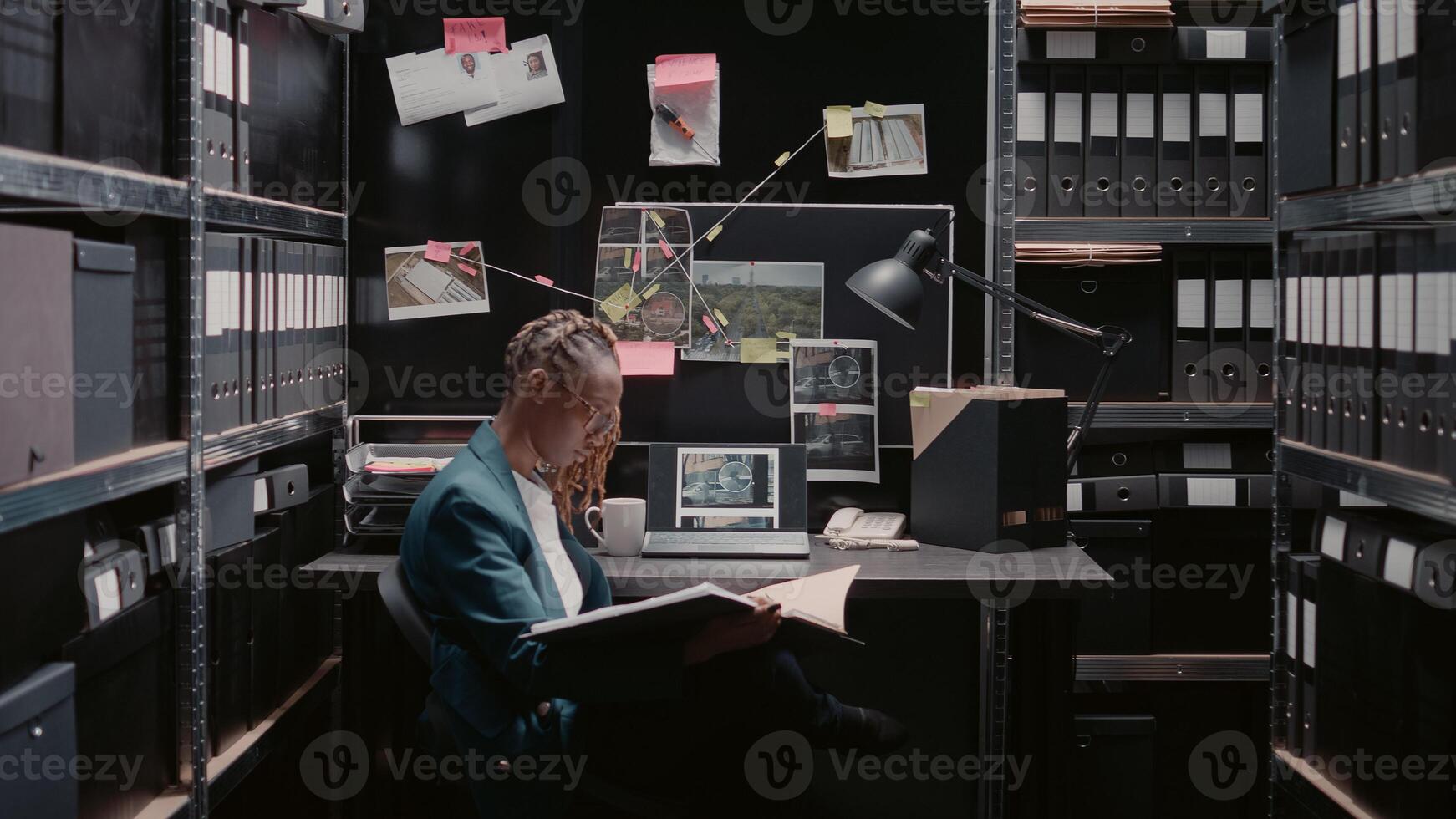 Private investigator reviewing new case evidence on detective board, conducting investigation. Woman officer examining surveillance photos and criminal records, using case files for justice.