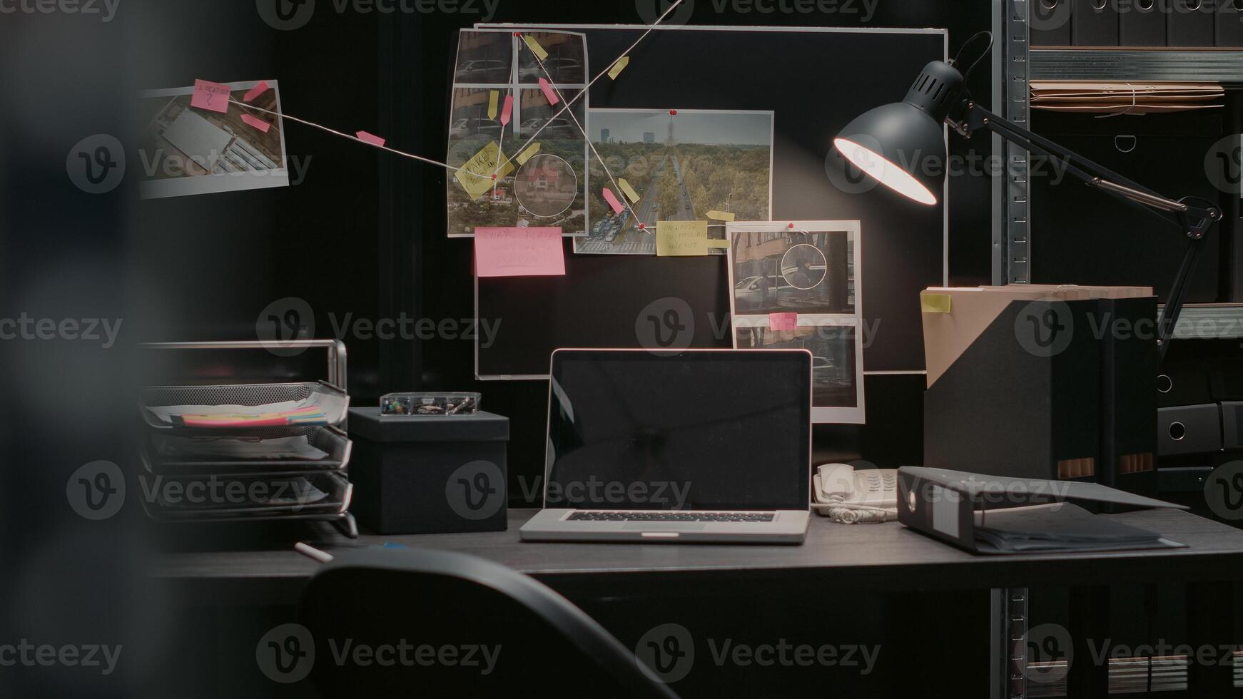 Criminal evidence board in investigation office, map filled with research photos and case clues. Police archive space with background check papers and crime suspects, law officer expertise.