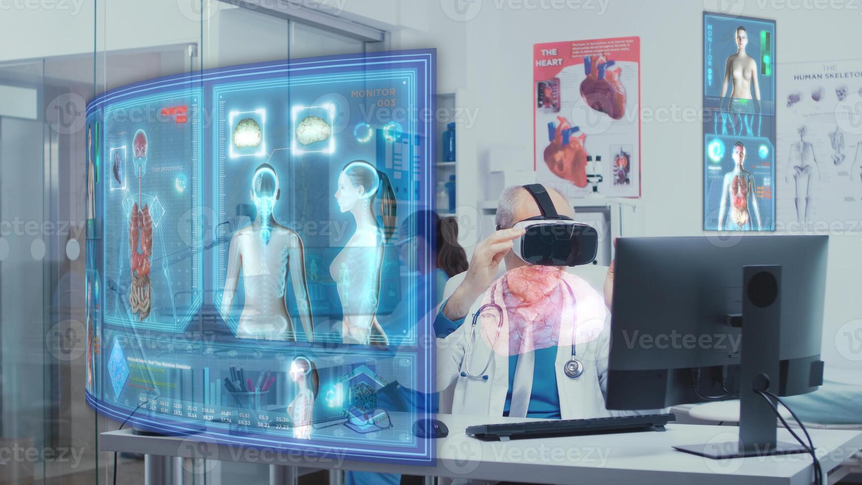 Elderly doctor using vr headset to check holographic augmented reality visualization of body scans sitting at clinic desk computer. Expert working in medical office looking at anatomy graphics photo