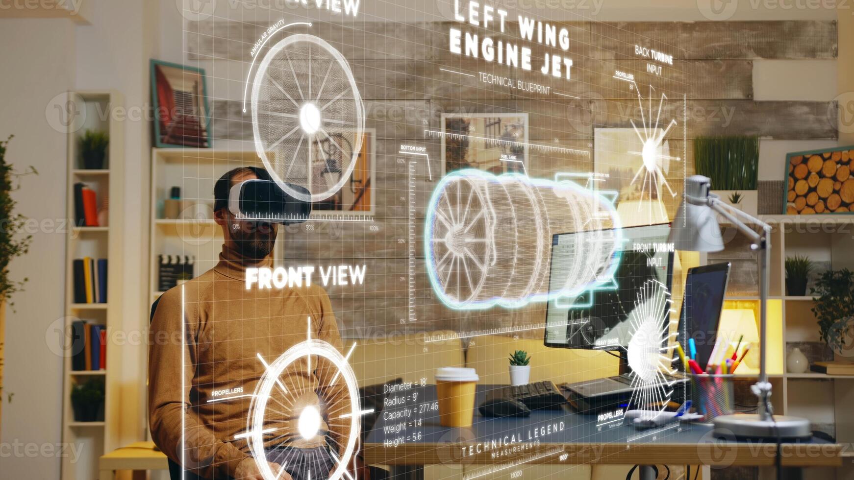 Cad engineer manufacturing machine product components on pc using augmented reality technology, working on industrial machinery production assisted by creative engineering software photo