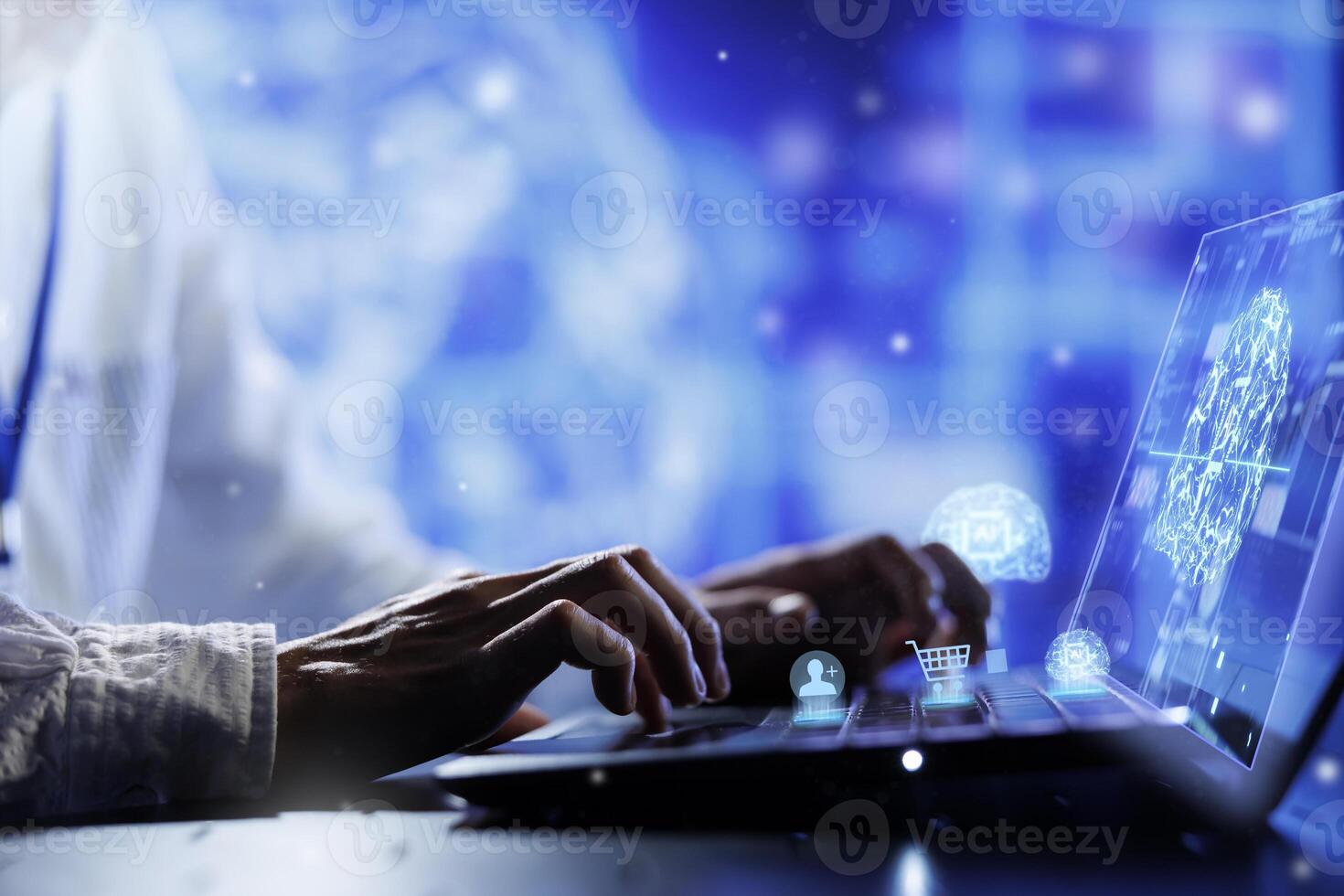 Employee using AI system ingesting large amounts of machine learning labeled training data, analyzing for correlations and patterns to make predictions for online shopping and social media workloads photo