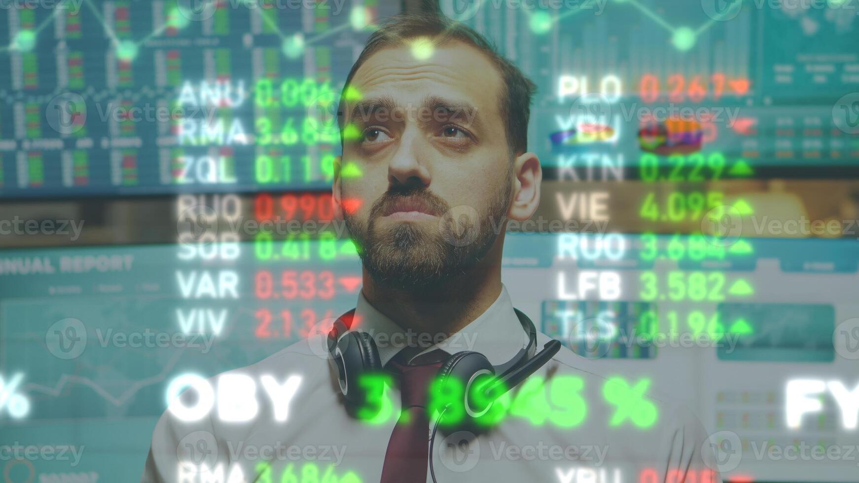 Business expert using AR visualization technology, analyzing stock market charts and statistics graphs, close up. Investor seeking bond trading and commodities exchange investment strategies photo